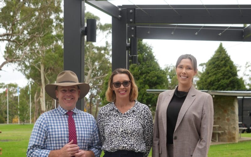 Member for Northern Tablelands Brendan Moylan, Glen Innes Severn Council mayor Margot Davis and Glen Innes Severn Council’s director of place and growth Riarna Sheridan at the Centennial Parklands, Glen Innes