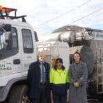 Stephen Crabbe with the Mayor and General Manager, pictured with Council’s jetpatcher truck